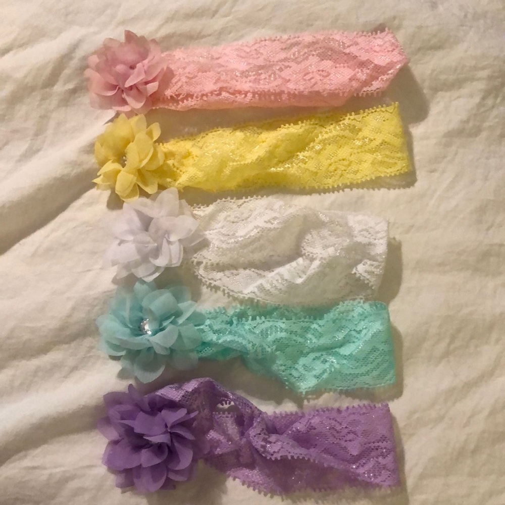 5 assorted color infants flower and lace headbands